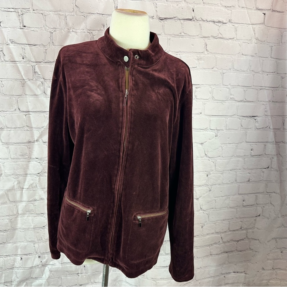 Talbots Burgundy velour track Jacket full zip pockets womens XL casual winter